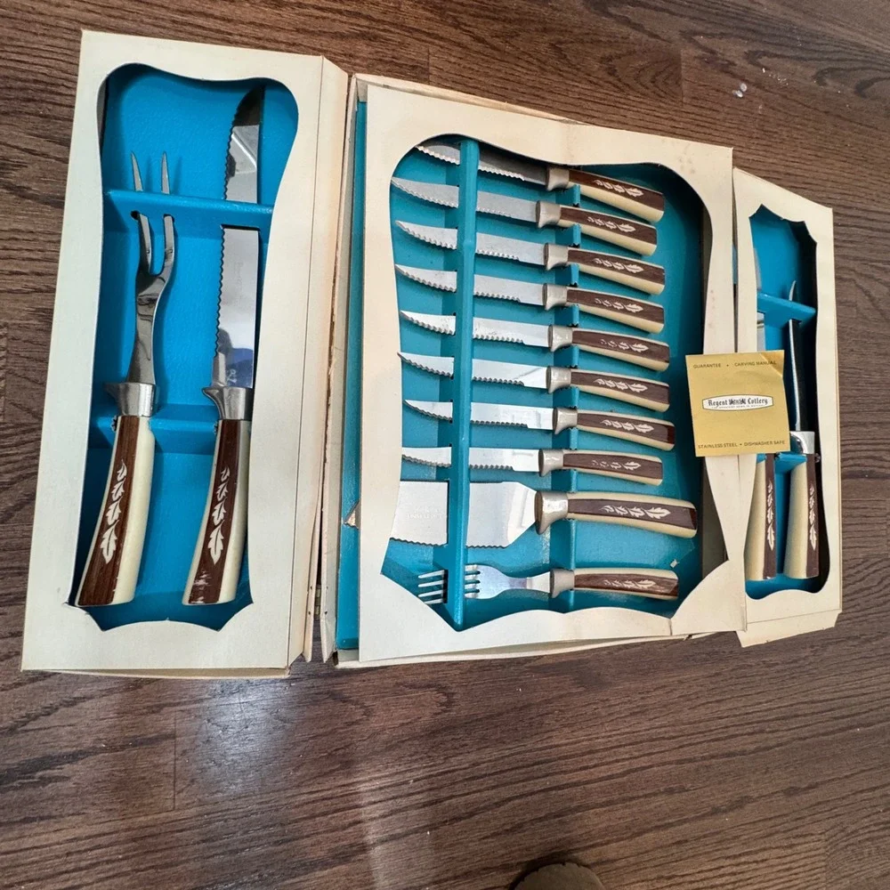 Vintage Regent Sheffield England Knife Set 19pc Wood Grain Handle Mint Condition